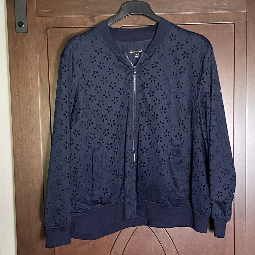 Lane Bryant Navy Bomber Jacket with Floral Cutouts.  Plus Size 26